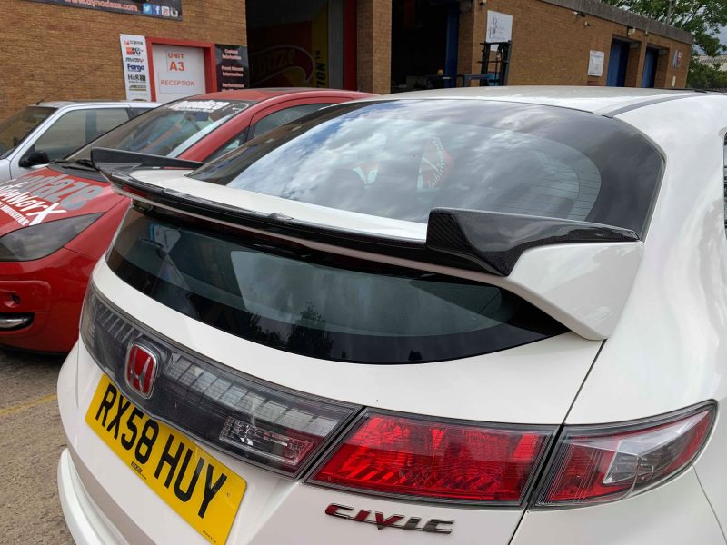 TEGIWA Rear Wing Spoiler. Manufactured from 'Grade A' Carbon Fibre sourced direct from Japan. These are hand crafted and beautifully finished with high gloss UV protection to prevent sun fade. The wing not only looks amazing but provides that extra high speed stability. It's simply bonded on using the double sided 3M tape so fitment takes only 20 minutes. It will fit all 07-11 Civic Hatchback that has the 'Type R' spoiler already fitted.