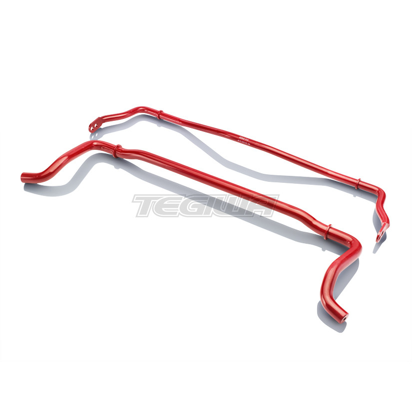 The suspension system anti-roll bar helps control the lateral and centrifugal forces This reduces body roll while cornering or making fast directional changes The system uses the outside cornering spring rate along with the rate of the anti-roll bar During cornering and performance driving, the CoG moves back to the ideal center of the vehicle as the Anti-Roll-Bar transfer corner forces from the outer to the inner wheel This also reduces the load difference between the outer and inner cornering wheels The result: The ideal driving experience – “like driving on rails“ During simultaneous suspension deflection, the anti-roll bars remain neutral and the original suspension spring characteristics remain unchanged Anti-roll bars can also influence the handling characteristics like oversteer or understeer Complete your suspension upgrade with an Eibach Anti-Roll-Kit. While our Pro-Kit and Sportline spring sets are regarded as the primary suspension enhancement components, the Eibach Anti-Roll-Kit allows critical fine-tuning of your car’s handling characteristics. Our Anti-Roll-Kits reduce body roll through increased design stiffness over stock bars. The result: increased handling and cornering grip in any performance-driving situation. Manufactured from cold-formed steel alloy for precision performance, and finished with a longlasting red powder coat finish, the Anti-Roll-Kit comes complete with all mounting hardware.