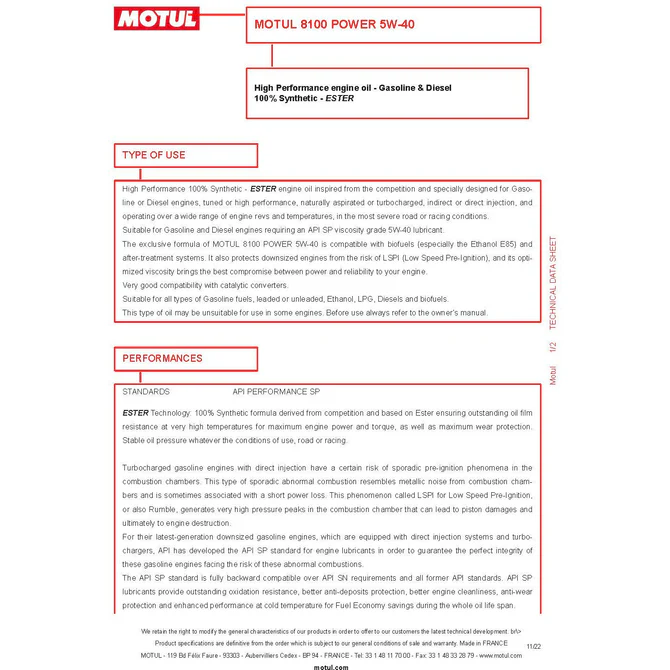 Motul 5W40 ESTER 8100 Power High Performance Fully Synthetic Engine Oil 111809