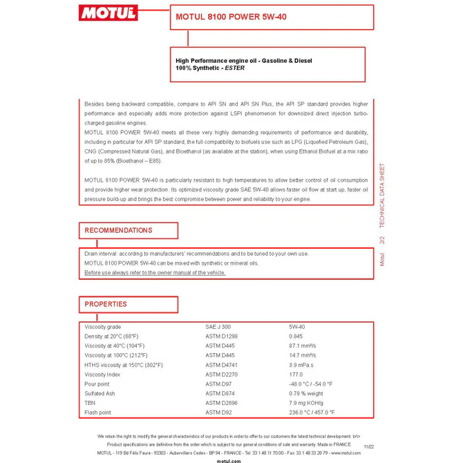 Motul 5W40 ESTER 8100 Power High Performance Fully Synthetic Engine Oil 111809