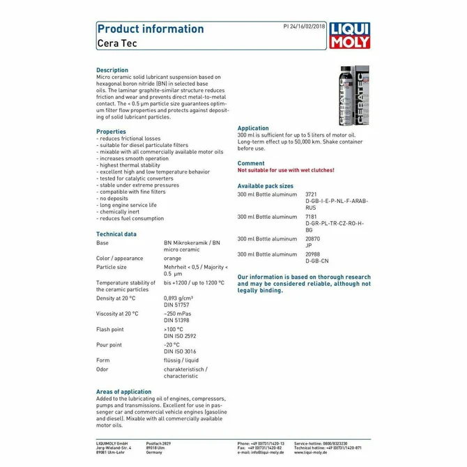 Liqui Moly Cera Tec Ceratec 300ml High Tech Ceramic Engine a Gearbox Wear Protect 3721